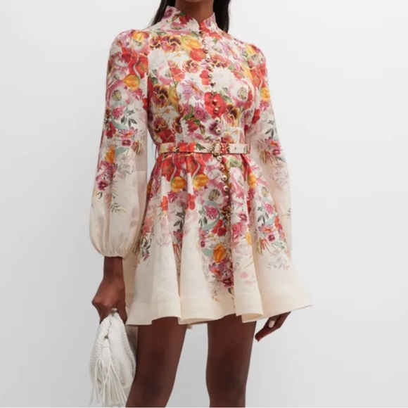 New Zimmerman Wonderland Buttoned Mini Dress In Elka Poppy Ivory Border Size 1 - Picture 2 of 3